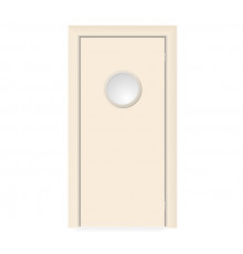 Влагостойкая дверь ПВХ EtaDoor с иллюминатором кремовая маятниковая одностворчатая с алюминиевой кромкой